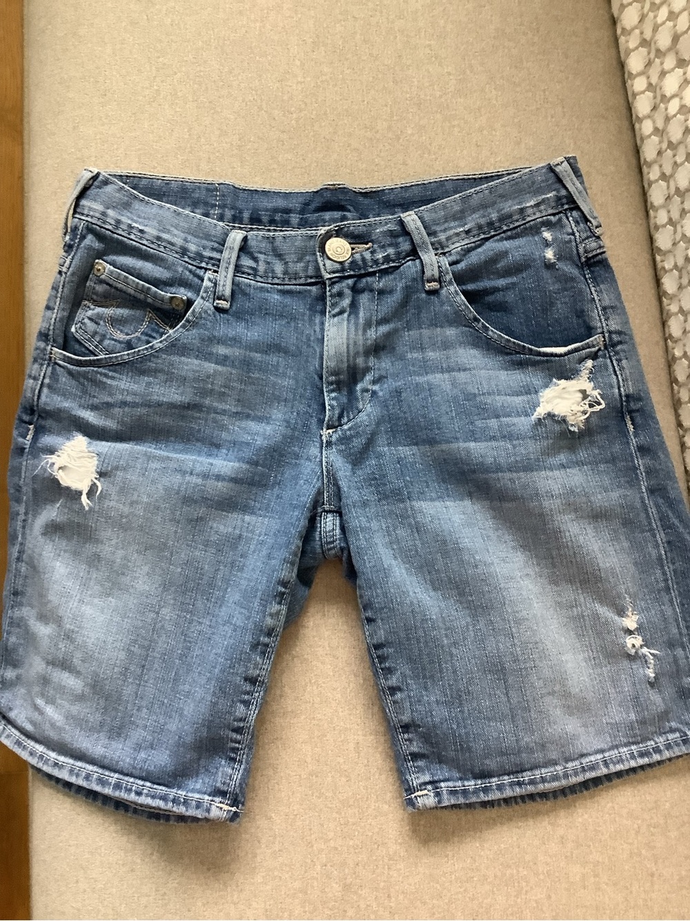 True Religion Light Blue Distressed Denim Shorts